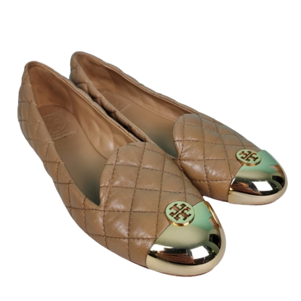 Tory Burch quilted leather flats with gold caps, women's size 6.5, beige